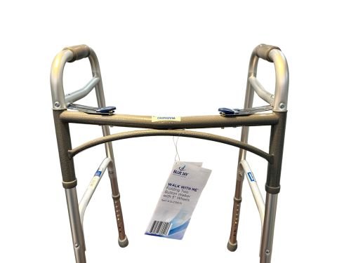 WALK WITH ME Folding Aluminum 2 Button Walker w/5 Wheels Cs4 - Best Medical Supplies Online