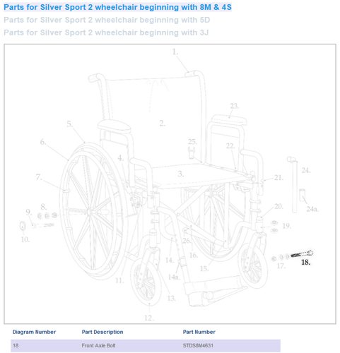 Front Axle Bolt only for Silver Sport II Wheelchair